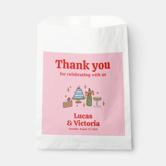 Helderrode en roze Hand getrokken bruiloft Bedankzakje (Voorkant)