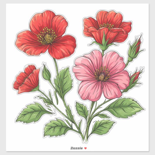 Helderrode en roze hibiscusbloemen sticker (Vel)