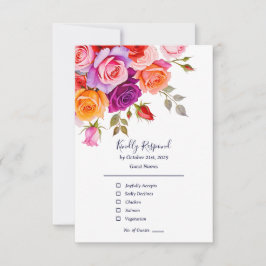 Helderrode en roze paarse rozen bloemenbruiloft RSVP kaartje