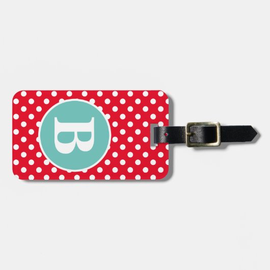 Helderrode en witte poka dot met Blauwgroen monogr Bagagelabel (Voorkant horizontaal)