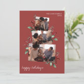 Helderrode fotocollage met bessen en groen feestdagenkaart (Staand voorkant)