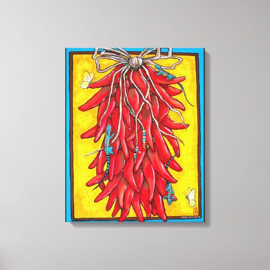 Helderrode gele Chili Pepper Ristra Lizard Canvas Afdruk (Voorkant)