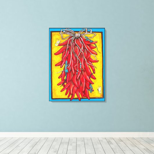 Helderrode gele Chili Pepper Ristra Lizard Canvas Afdruk (Insitu (Houten vloer))