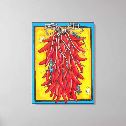 Helderrode gele Chili Pepper Ristra Lizard Canvas Afdruk (Voorkant)
