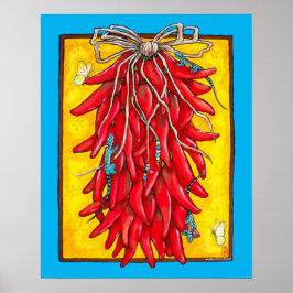 Helderrode gele Chili Pepper Ristra Lizard Poster