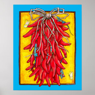 Helderrode gele Chili Pepper Ristra Lizard Poster