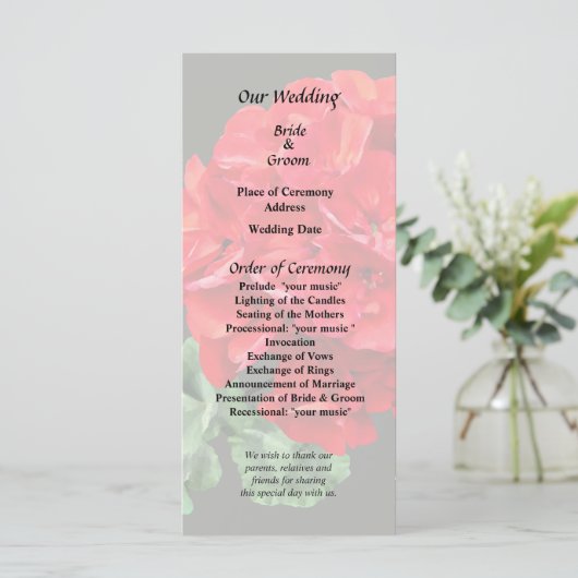Helderrode Geranium Programmakaart (Staand voorkant)