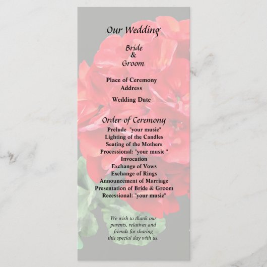 Helderrode Geranium Programmakaart (Voorkant)