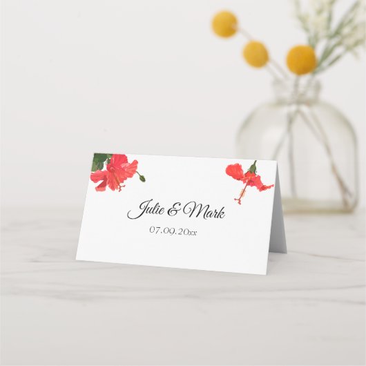 Helderrode hibiscus gevouwen plaats kaart plaatskaartje (Achterkant)