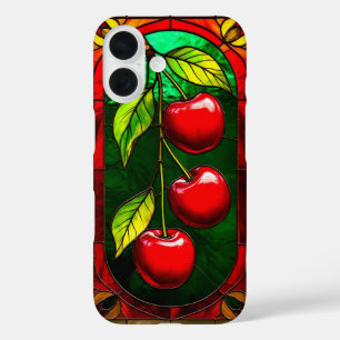 Helderrode kersen en groene bladeren iPhone 16 hoesje