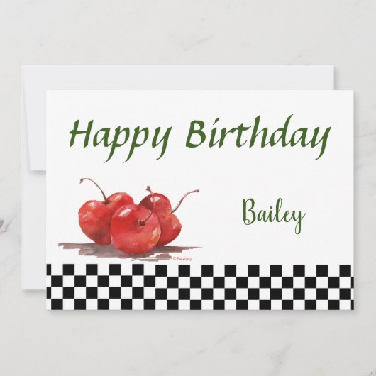 Helderrode kersen op een geborduurde tablet feestdagenkaart (Voorkant)