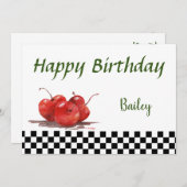 Helderrode kersen op een geborduurde tablet feestdagenkaart (Voorkant / Achterkant)