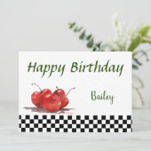 Helderrode kersen op een geborduurde tablet feestdagenkaart (Staand voorkant)