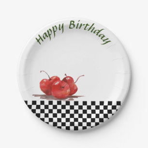 Helderrode kersen op een gecontroleerd tablet 2 papieren bordje