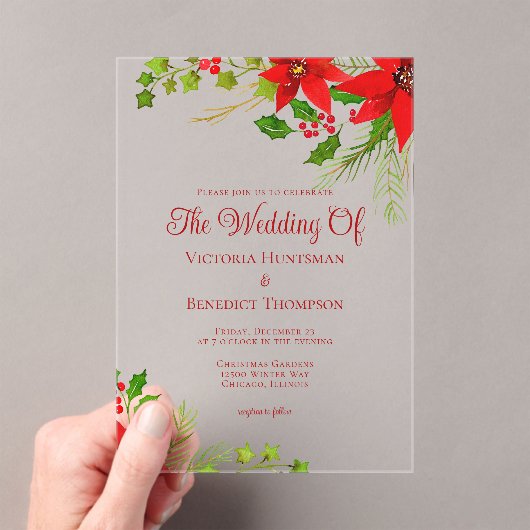 Helderrode kerstpunsettia bloemenbruiloft acryl uitnodigingen (Insitu (Draagbaar))