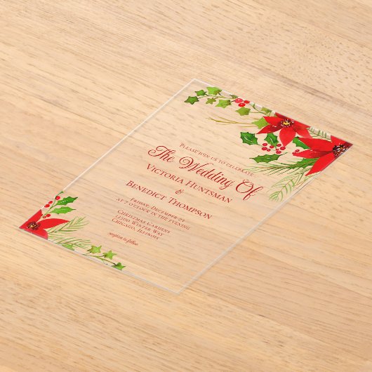 Helderrode kerstpunsettia bloemenbruiloft acryl uitnodigingen (Laagn)