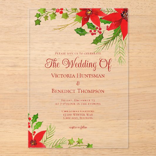 Helderrode kerstpunsettia bloemenbruiloft acryl uitnodigingen (Voorkant)