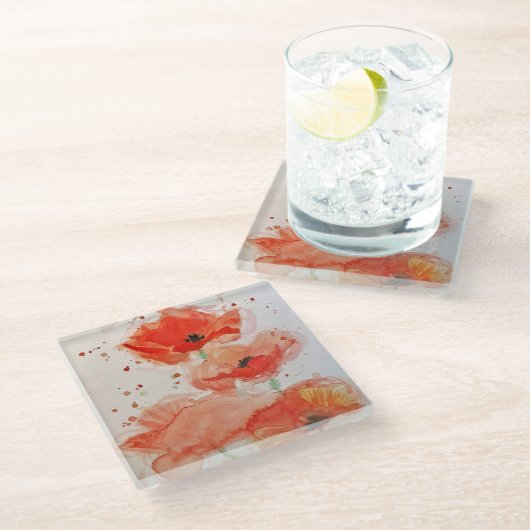 Helderrode klaprozen Aquarel Bloem Bloemstuk Glazen Onderzetter (Schuin)