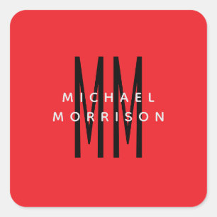 Helderrode kleur Monogram Initiaal Letters Naam Vierkante Sticker