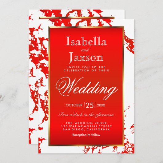 Helderrode marmeren, gouden en witte uitnodiging (Voorkant / Achterkant)