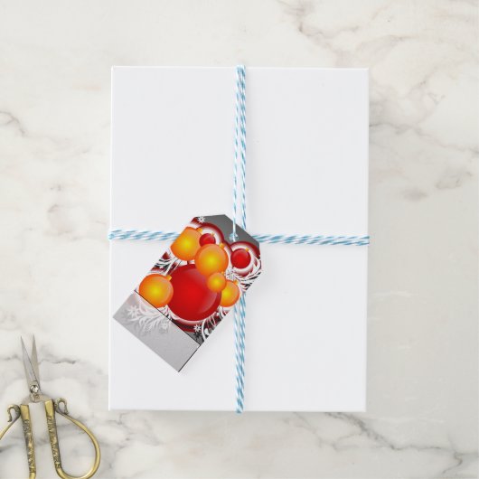 Helderrode Oranje en zilverkleurige kerstversierin Cadeaulabel (Met Touw)