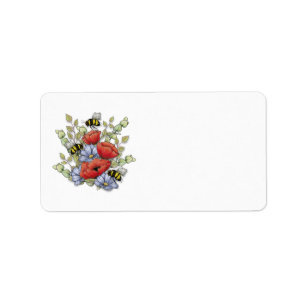 Helderrode papavers, blauwe bloemen, bijen etiket