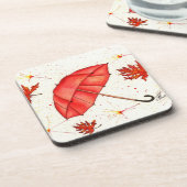 Helderrode paraplu en rode bladeren waterverf bier onderzetter (Linkerzijde)