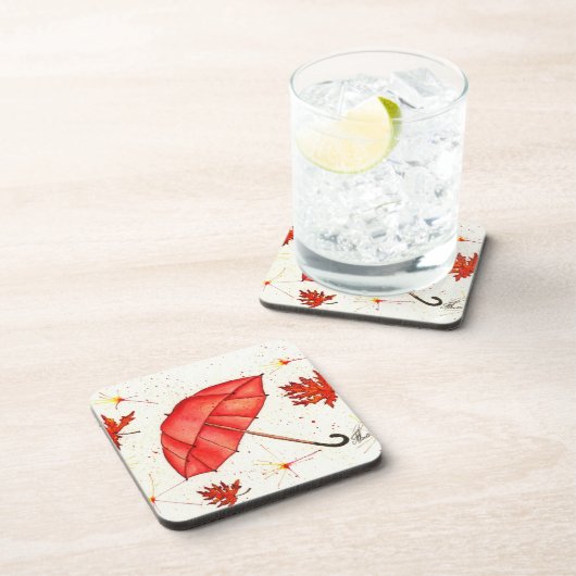 Helderrode paraplu en rode bladeren waterverf bier onderzetter (Rechterzijde)