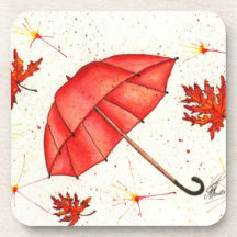 Helderrode paraplu en rode bladeren waterverf