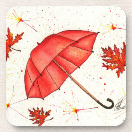 Helderrode paraplu en rode bladeren waterverf bier onderzetter