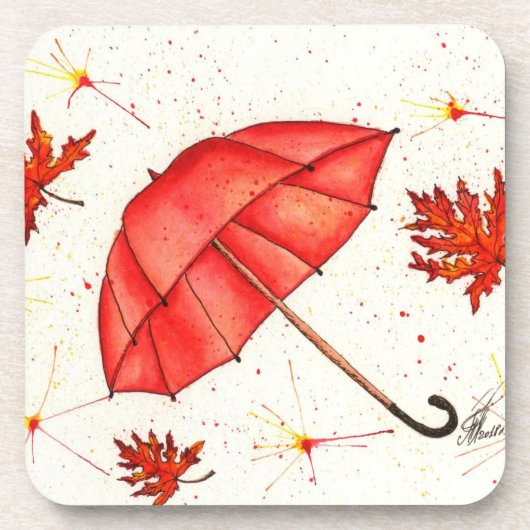 Helderrode paraplu en rode bladeren waterverf bier onderzetter (Voorkant)