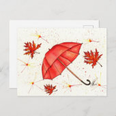 Helderrode paraplu en rode bladeren waterverf briefkaart (Voorkant / Achterkant)