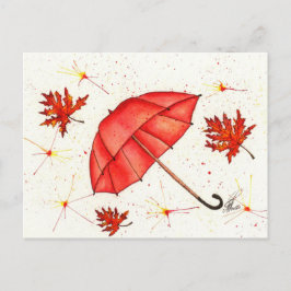 Helderrode paraplu en rode bladeren waterverf briefkaart