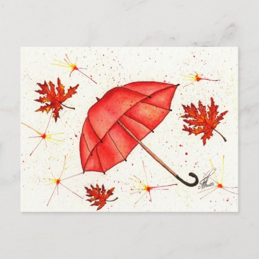 Helderrode paraplu en rode bladeren waterverf briefkaart (Voorkant)