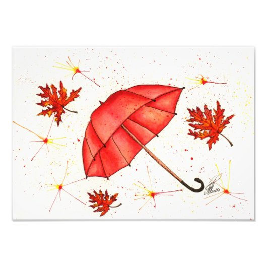 Helderrode paraplu en rode bladeren waterverf foto afdruk (Voorkant)