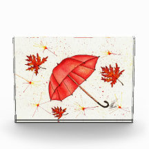 Helderrode paraplu en rode bladeren waterverf