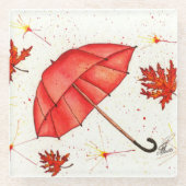 Helderrode paraplu en rode bladeren waterverf glazen onderzetter (Voorkant)