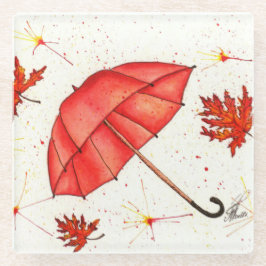 Helderrode paraplu en rode bladeren waterverf glazen onderzetter
