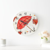 Helderrode paraplu en rode bladeren waterverf grote klok (Huis)