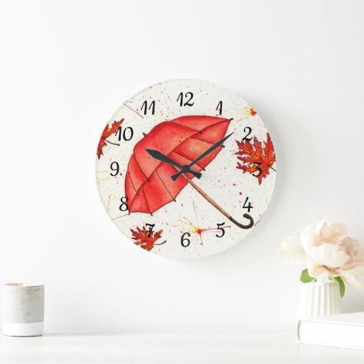 Helderrode paraplu en rode bladeren waterverf grote klok (Huis)