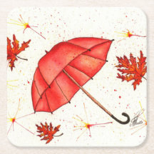 Helderrode paraplu en rode bladeren waterverf