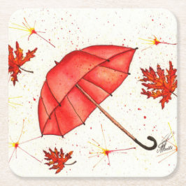 Helderrode paraplu en rode bladeren waterverf kartonnen onderzetters