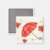Helderrode paraplu en rode bladeren waterverf magneet (Voorkant / Achterkant)