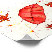 Helderrode paraplu en rode bladeren waterverf poster (Hoek)