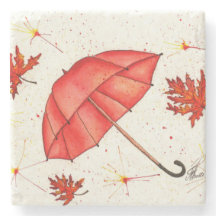 Helderrode paraplu en rode bladeren waterverf