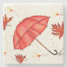 Helderrode paraplu en rode bladeren waterverf stenen onderzetter