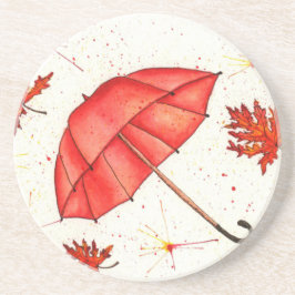 Helderrode paraplu en rode bladeren waterverf zandsteen onderzetter