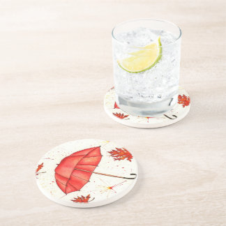 Helderrode paraplu en rode bladeren waterverf zandsteen onderzetter