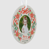 Helderrode poinsettia en groen kerstfoto ornament (voorkant)