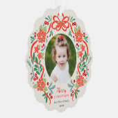 Helderrode poinsettia en groen kerstfoto ornament kaart (Rechts)